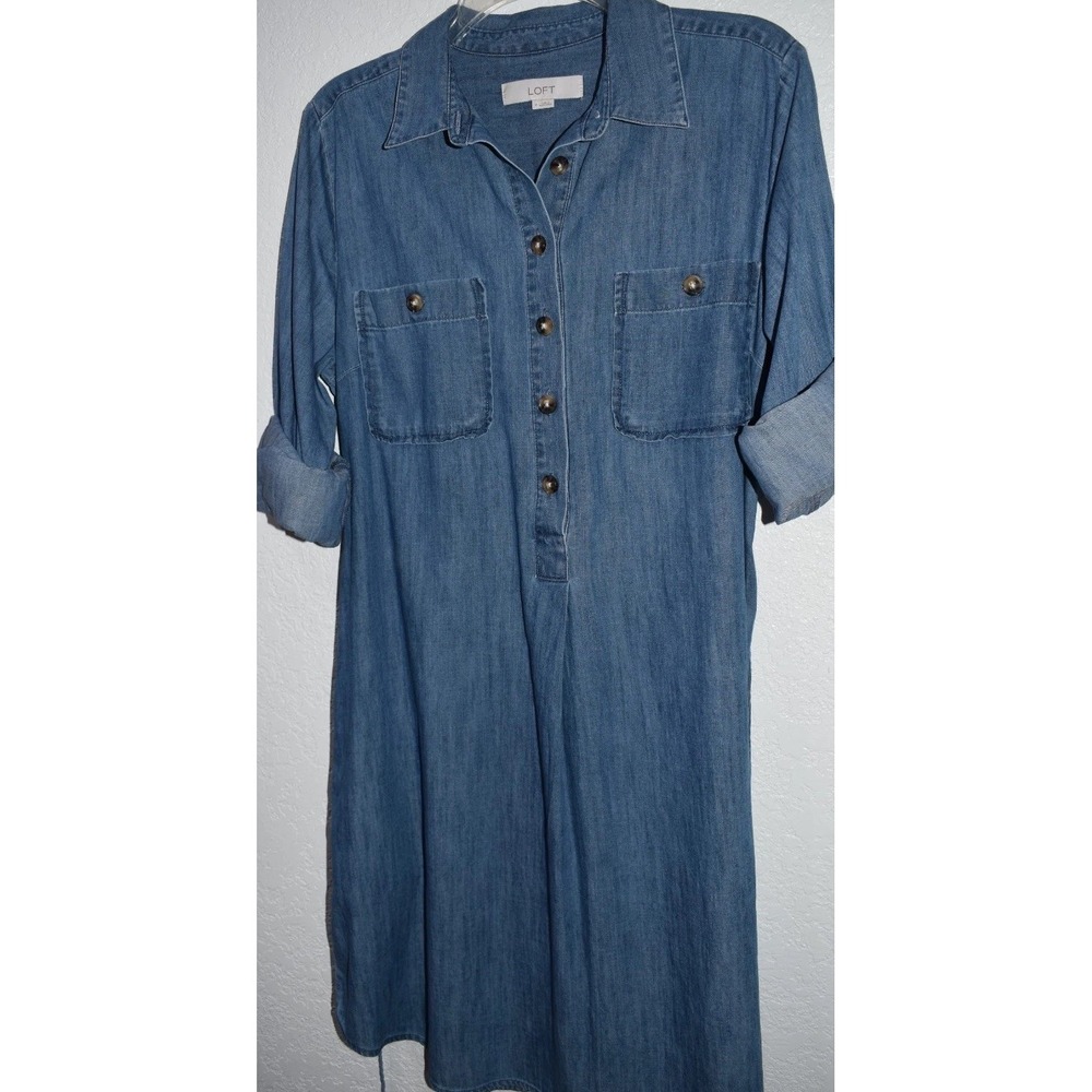Loft‎ MEDIUM Denim Chambray Blue Shirt Dress Chest Pockets Long Slv 100% Cotton - Picture 16 of 16